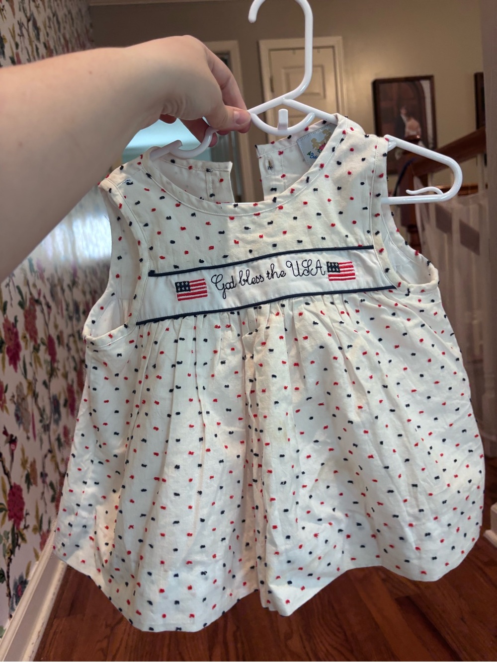Busy Bee Smocks Patriotic White Toddler Top + Navy Bloomers with Flag Embroidery